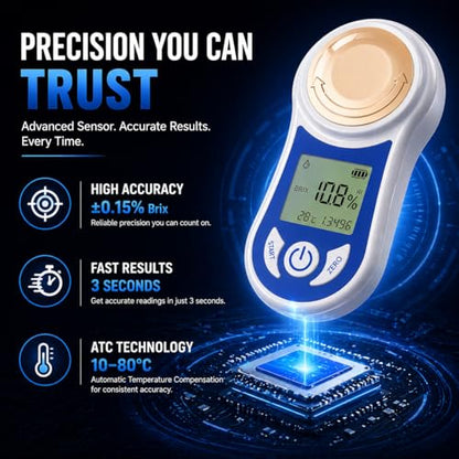 Digital Brix Refractometer 0-55% with ATC, ±0.15% Accuracy, 3-Second Results, Rechargeable Sugar Content Tester for Fruits, Juice, Home Brewing, Wine, Coffee