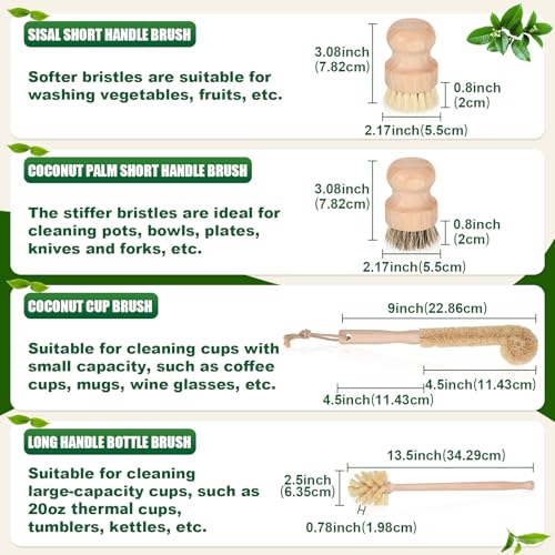 8 Pcs Bamboo Dish Brush Dish Washing Scrub Bottle Brush Wooden Palm Pot Brush Cleaning Scrubbers with Natural Sisal Bristles Long Handle for Pots Pans, Bottle, Sink, Vegetables, Household Cleaning
