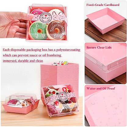 Paper Charcuterie Boxes with Clear Lids and Stickers - 50 SETS 4 Inches Square Disposable Food Containers Bakery Boxes for Bakery, Macaron, Sandwich, Slice Cake, Cookies, Hot Cocoa Bombs, Strawberries (Pink) - color: Pink