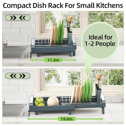 TOOLF Small Dish Drying Rack, Mini Expandable Compact Dish Rack, Slim Extendable Stainless Steel Dish Drainer for Kitchen Countertop, Space Saving Dish Strainer, Dark Slate Gray - color: Dark Slate Gray