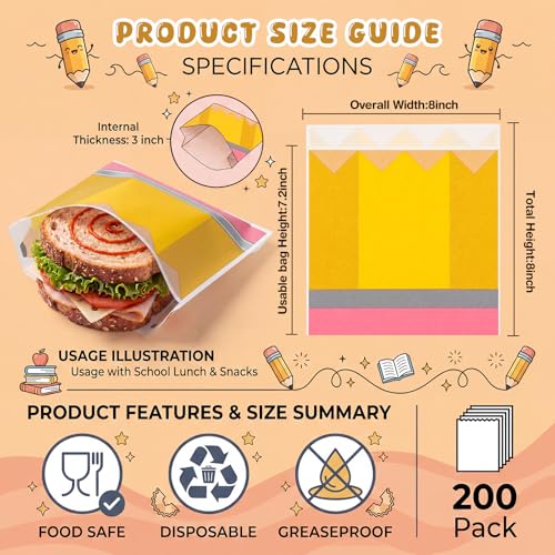 Epakh 200 Pack Paper Sandwich Bags Pencil Design 8 × 8 Inch Happy Food Storage Recyclable Grease Resistant Disposable Snack Bags for Family Home Use - style: Pencil