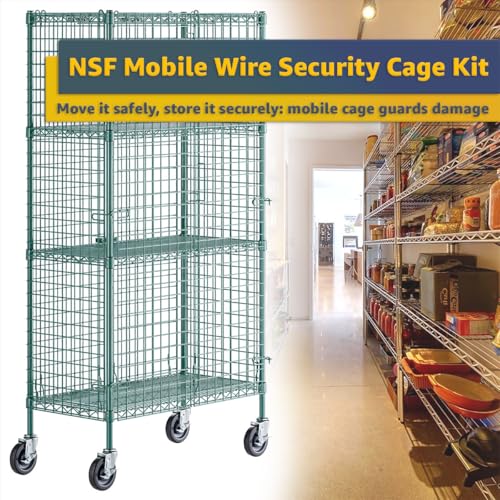18" x 36" x 69" NSF Heavy Duty Mobile Green Epoxy Wire Shelves with Security Cage Kit, 4 Tier Metal Commercial Storage Rack with Wheels - color: Green, size: 18" x 36" x 69" with Wheels