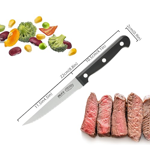 Steak Knives Set of 6, Stainless Steel Serrated Steak Knife Set (Unique Pattern on Each Blade)