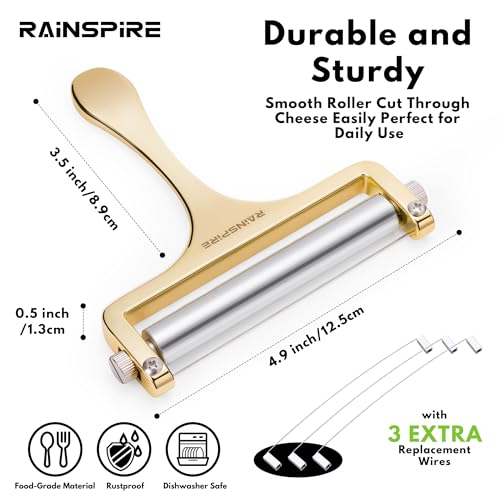 Rainspire Upgraded Cheese Slicer with Replaceable Wires Stainless Steel Cheese Slicers for Block Cheese Adjustable Cheese Cutter for Mozzarella, Cheddar, Gruyere Charcuterie Accessories, Gold - color: Gold
