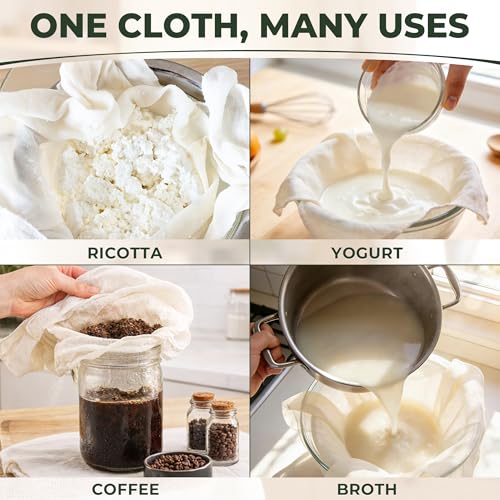 6Pcs Grade100 Cheese Cloths,20x20 Inch,100% Unbleached Cotton,Pre-Cut Reusable Muslin Cheese Cloth for Cooking and Straining, Hemmed Edges