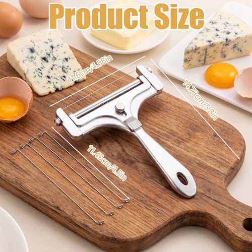 Cheese Slicer, Stainless Steel Cheese Cutter with 4 Extra Replacement Wires, Adjustable Handheld Cheese Slicers Cutters for Block Cheese Cheddar Gruyere Mozzarella, Kitchen Slicing Tools