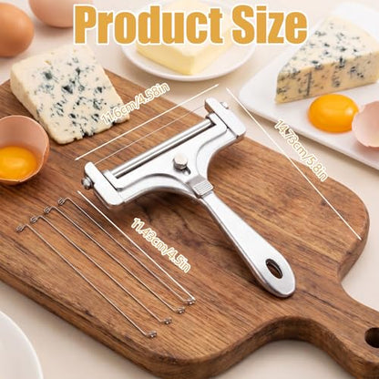 Cheese Slicer, Stainless Steel Cheese Cutter with 4 Extra Replacement Wires, Adjustable Handheld Cheese Slicers Cutters for Block Cheese Cheddar Gruyere Mozzarella, Kitchen Slicing Tools