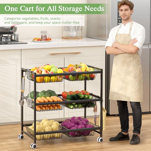 3-Tier Rolling Pantry Floor Organizer Cart with 6 Detachable Baskets, Metal Wire Fruit Basket Stand with Wheels, Kitchen Storage Cart for Fruit Vegetables, Snack Cart for Pantry Kitchen Living Room - size: 3-tier 6 baskets