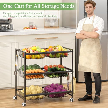 3-Tier Rolling Pantry Floor Organizer Cart with 6 Detachable Baskets, Metal Wire Fruit Basket Stand with Wheels, Kitchen Storage Cart for Fruit Vegetables, Snack Cart for Pantry Kitchen Living Room - size: 3-tier 6 baskets