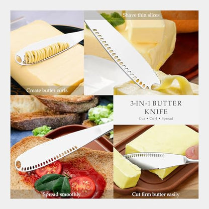 Butter Knife 1 PCS, Stainless Steel Spreader with Curler & Grater Holes, Serrated Cutter Edge for Easy Slice & Spread, Ideal for Hard or Soft Butter - 3 in 1 Better Kitchen Gadgets silver - color: Silver