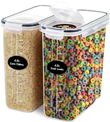 DWËLLZA KITCHEN EXTRA LARGE Cereal Containers Storage (6.3L / 213OZ) Set of 2 Family Size Bulk Cereal Dispenser Countertop, Airtight Food Storage Containers for Pantry Organization, Labels & Marker - color: Family Size 2 Pack