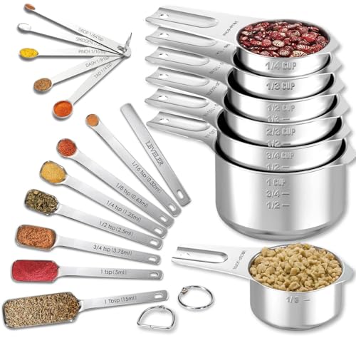 20PCS Measuring Cups and Spoons Set, Includes 7 Stackable Stainless Steel Cups, 7 Rectangular & 5 Mini Measuring Spoons with Leveler Fits Spice Jars, Kitchen Gadgets with Engraved Markings - size: Set of 20