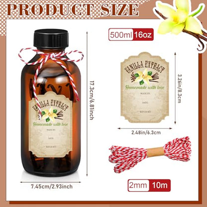 Uiifan 6 Pack Amber Glass Boston Round Bottles with Caps Brown Vanilla Extract Bottles and 6 Pcs Vanilla Extract Stickers for Syrup Gift Glass Food Storage Canister Set Sauce Beans(16 oz) - size: 16 Ounces