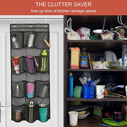 Water Bottle Organizer over the Door Cup Holder with 12 Large Pockets and Reinforced Bottom Tumbler Organizer Clear Mesh Cup Storage for Kitchen Pantry Cabinet Door Wall 41"×17"