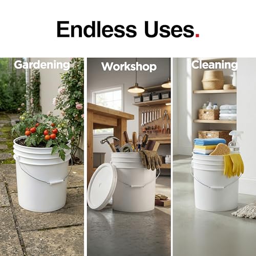 5-Gallon White Bucket Pail With Airtight Lid, Food Grade BPA-Free Premium HDPE, Made In USA, Heavy-Duty Extra Durable Multi-Use, Metal Handles Plastic Grip Easy Carrying, Stackable Easy Store - 1 Pack - size: 1 Pack