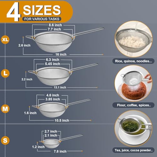 Ydeapi Fine Mesh Strainer, Stainless Steel Kitchen Strainers with Sturdy Handle, Set of 4 Metal Sieve for Food, Rice, Quinoa, Tea - 8.6", 6.3", 4.6", 2.7" - size: 8.6" + 6.3" + 4.6" + 2.7"