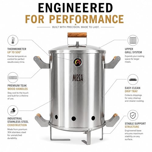 Colombian Barrel Smoker - Charcoal Grill, 100% Stainless Steel, Low-Smoke, Even Heat Distribution | Outdoor BBQ for Families
