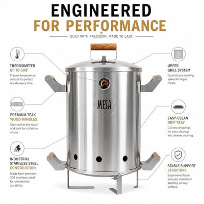 Colombian Barrel Smoker - Charcoal Grill, 100% Stainless Steel, Low-Smoke, Even Heat Distribution | Outdoor BBQ for Families