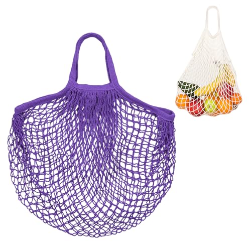 M METERXITY 1-Pack Cotton Mesh Bag, Reusable Washable Mesh Net String Grocery Bags, Reusable Produce Bags with Handle, Net Tote Bag for Fruits/Vegetables Shopping [Purple, Short Handle] - color: Purple
