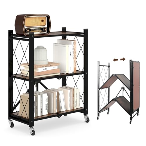 3 Tier Folding Shelf with Wheels, Wood and Metal Bookshelf, no Assembly Foldable Storage Shelves, Vintage Storage Rack for Living Room, Bedroom, and Home Office - color: Brown Wooden, size: 3 Tier