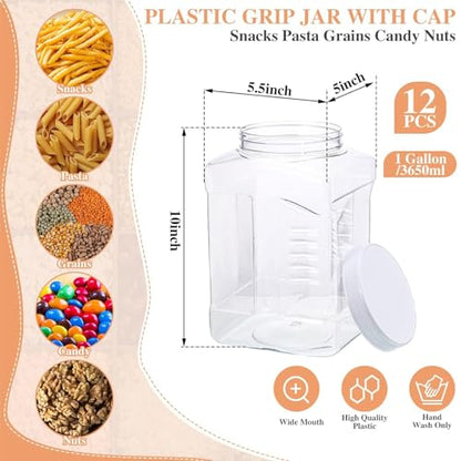 12 Packs 1 Gallon Plastic Grip Jar with Cap Clear Storage Containers Grip Jars Multi-use Empty Containers Household Dried Food Canisters BPA Free for Kitchen Fermentation Food Storage (White Lid)