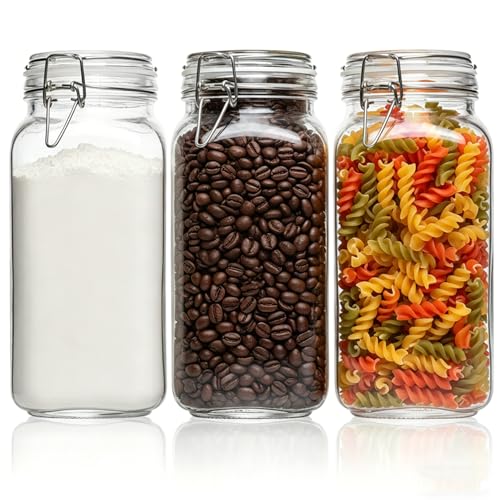 ComSaf 3-Pack 78oz Large Square Airtight Glass Jars for Bulk Food, Holds a 4lb Bag of Sugar or 5lb of Rice, Wide Mouth Canister for Flour, Coffee & Pantry Organization - size: 78oz*3
