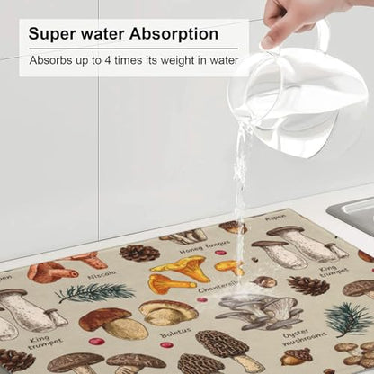 Mushroom Dish Drying Mats For Kitchen Counter XL Microfiber Kitchen Drying Mat Large Draining Pad Absorbent Quick Drying Dish Mat for Countertop Coffee Mats 18x24 Inch - color: Mushrooms