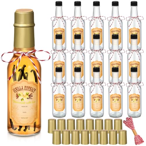 Tioncy 16 Pcs Empty Vanilla Extract Bottles for Homemade Vanilla Jar Glass Bottle with Cap, Shrink Band, Sticker DIY Crafts Wedding Gift Food Storage Canister for Bean(Gold,5 oz) - color: Gold, size: 5 oz