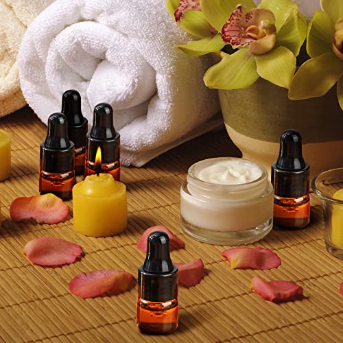 Nuogo 100 Pcs Mini Amber Glass Oil Dropper Bottle Bulk, Clear Essential Small Empty Sample Vial with Dropper and Black Caps Tiny Amber Glass Bottles Perfume Jars for Travel(1 ml) - size: 1 ml