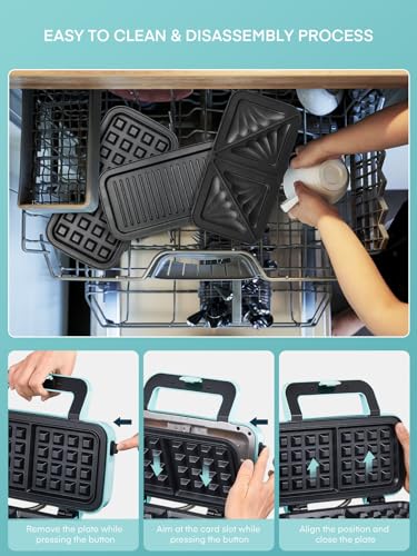 FOHERE Waffle Maker 3 in 1 Sandwich Maker 1200W Panini Press With Removable Plates and 5-gear Temperature Control, Non-stick Coating Easy to Clean,Indicator Lights, Blue - color: Light blue