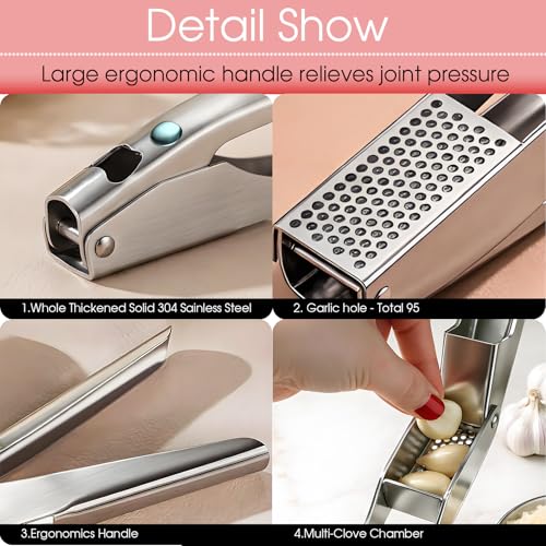 Garlic Press Heavy Duty Mincer and Peeler Set, Rust Proof 304 Stainless Steel Garlic Crusher, Easy-Squeeze Nut Ginger Chopper, Dishwasher Safe Kitchen Gadget - color: Blue