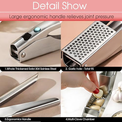Garlic Press Heavy Duty Mincer and Peeler Set, Rust Proof 304 Stainless Steel Garlic Crusher, Easy-Squeeze Nut Ginger Chopper, Dishwasher Safe Kitchen Gadget - color: Blue
