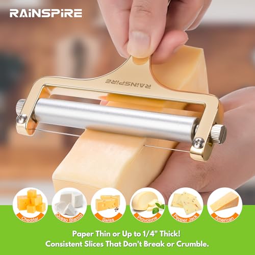 Rainspire Upgraded Cheese Slicer with Replaceable Wires Stainless Steel Cheese Slicers for Block Cheese Adjustable Cheese Cutter for Mozzarella, Cheddar, Gruyere Charcuterie Accessories, Gold