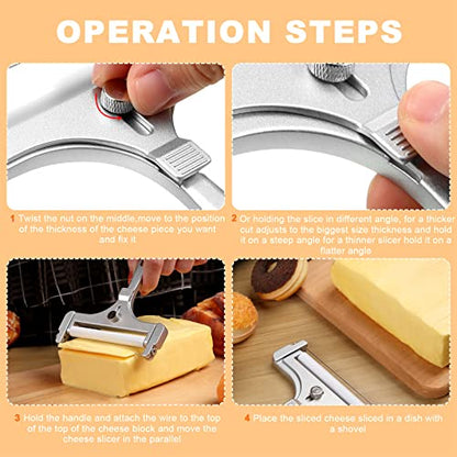 Boao Cheese Slicer with Wire Adjustable Thickness Cheese Cutter Handheld Stainless Steel for Soft Semi Thick Thin Hard Slicer for Kitchen Cooking Tools(Silver) - color: Silver