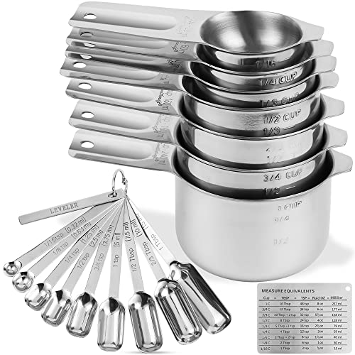 Measuring Cups and Spoons Set, Stainless Steel Measuring Cups Set, Dry 7 Measurer Cups 9 Measurement Spoons with Leveler & Measure Enquivalents for Kitchen & Baking Nesting Measuring Tools
