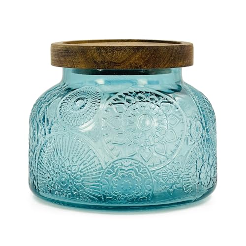 Decorative Blue Glass Storage Jar 25.4oz with Airtight Wood Lid Kitchen Canister for Coffee, Sugar, Tea, Cookie, Candy, Flour, Pet Treat | Vintage Home Decor Vase & Candle Holder - size: 25.4 Ounces, style: Blue Flower