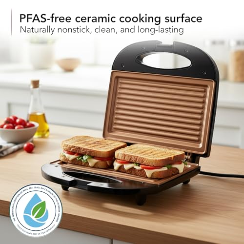 OVENTE Electric Panini Press Grill with Nonstick Plates, LED Indicator Lights, Thermostat Control, Compact Sandwich Maker Perfect for Cooking Breakfast, Steaks, Eggs Snacks & More, Copper GP0110CO - color: GP0110CO