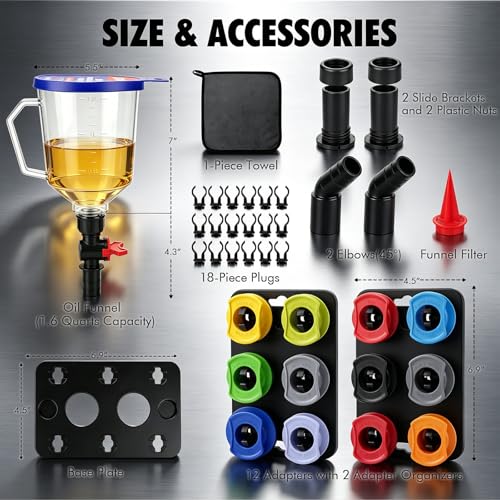 20-Piece Oil Funnel Kit, Engine Oil Funnel Kit 1.59QT/1.5L, Spill-Proof Oil Change Kit with 12 Adapters, Shut-Off Valve, Elbow Fitting, Magnetic Storage System, No Spill Funnel for Automotive