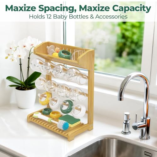 EsLuker.ly Baby Bottle Drying Rack Bamboo Vertical Dryer Holder, Space Saving for 12 Milk Glass Bottle Countertop, Wooden Drain Stand Shelf for New Parents - size: 13.1 In