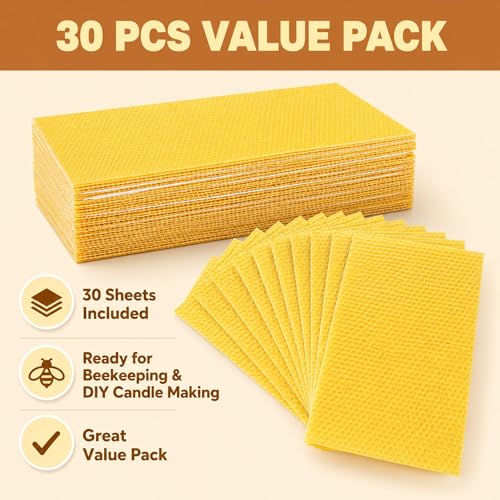 QalryXen 30Pcs Beeswax Sheets, Premium Natural Foundation for Beekeeping & Candle Making, Easy to Use Beehive Wax Sheets for Honeycomb Frames, DIY Craft Supplies, 7.7x16.3 Inch