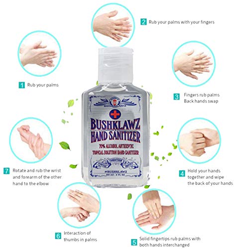 BushKlawz 2oz Hand Sanitizer Gel Travel Size 70% Alcohol No Rinse Instant Clean with no Water 24 Bottles Retail Bulk Multi-Pack Refillable Bottles