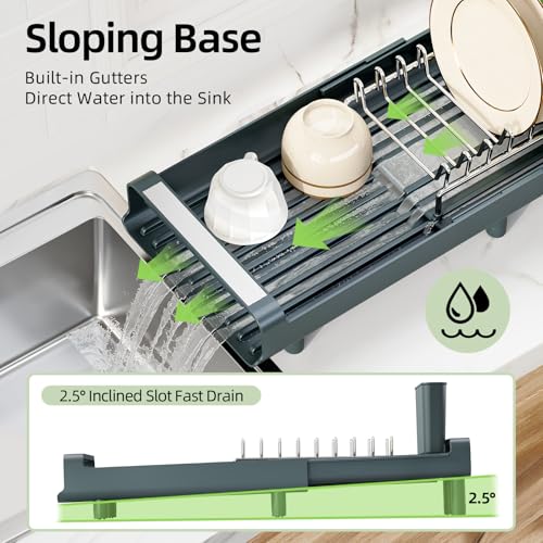 TOOLF Small Dish Drying Rack, Mini Expandable Compact Dish Rack, Slim Extendable Stainless Steel Dish Drainer for Kitchen Countertop, Space Saving Dish Strainer, Dark Slate Gray - color: Dark Slate Gray
