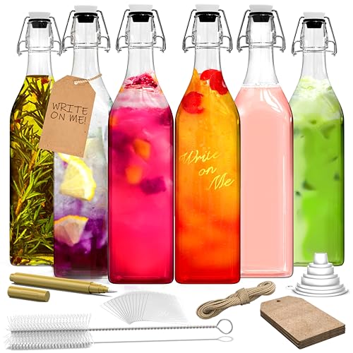 Nevlers 33 Oz Square Swing Top Glass Bottles with Stoppers 6 Pack | Flip Top Glass Bottle with Stopper , Funnel, Brush, Marker, Tags & Shrink Wrap | Syrup Bottle Set | Water & Coquito Bottles - style: Square