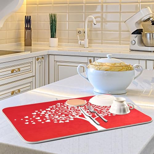 Valentine's Day Dish Drying Mats for Kitchen 16x18 inch Love Tree With Hearts Drying Pad Dish Drainer Mat Counter top Mat Dish Draining Mat L - color: Valentine, size: 16x18in