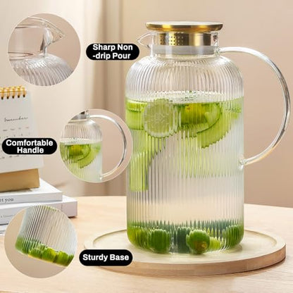 Buaic Glass Pitcher with Lid, 100 oz/ 3 Liter Classic Vertical Stripes Water Pitcher,Glass Water Carafe for Cold Brew, Coffee, Lemonade, Iced Sun Tea,Beverage, Milk, Heat Resistant - color: Clear, size: 3L-2 PACK