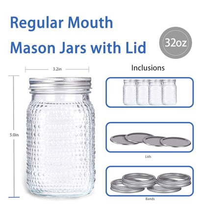 LUODA 32 OZ Wide Mouth Mason Jars, 6 PACK Glass Mason Jars with airtight Lids, Quart mason jars wide mouth for Preserving, Meal Prep, Overnight Oats, Sauces,Honey, Jam, Yogurt or Jar Decor