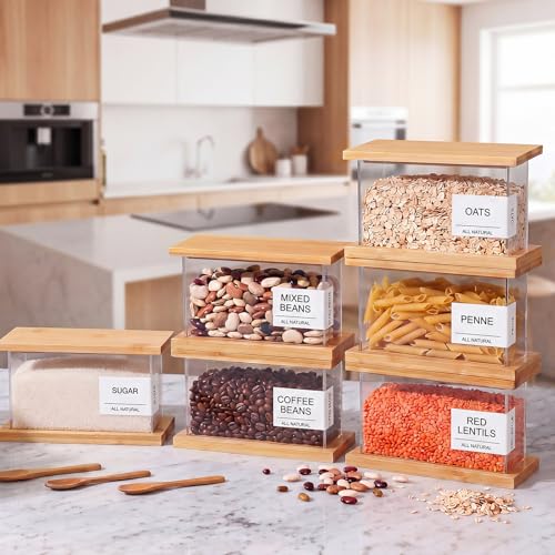 6 Pack Square Acrylic Pantry Storage Containers with Lid Cereal Containers Storage with 144 Pantry Labels, 100oz Small Spice Jars with Airtight Bamboo Lids and Spoon for Sugar, Cereal, Spice - size: 71oz