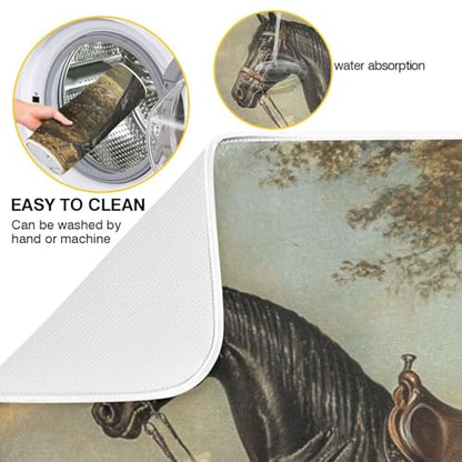 Dog Horse Tree Beige Dish Drying Mat for Kitchen Counter Super Absorbent Draining Mat with Non-slip Backed Drainer Mat for Dish Bottles Cups Bowl Countertops Sinks Draining Racks