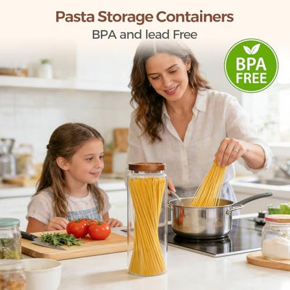 ComSaf 3Pcs (1.7Qt) Airtight Glass Pasta Storage Containers with Acacia Wood Lids, Tall Pantry Storage Container for Organizing Spaghetti and Pasta, Thick Glass Spaghetti Container with Pasta Labels - size: 1.7Qt*3
