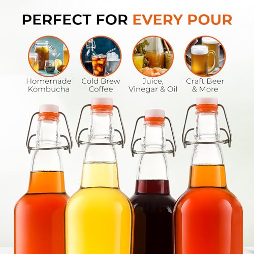Bellemain Swing Top Glass Water Bottles – Reusable Clear Glass for Juice, Oil, Kombucha, liquor, Beer or Kefir – Airtight Flip Top Bottles for Kitchen & Brewing – Set of 4 (16oz)